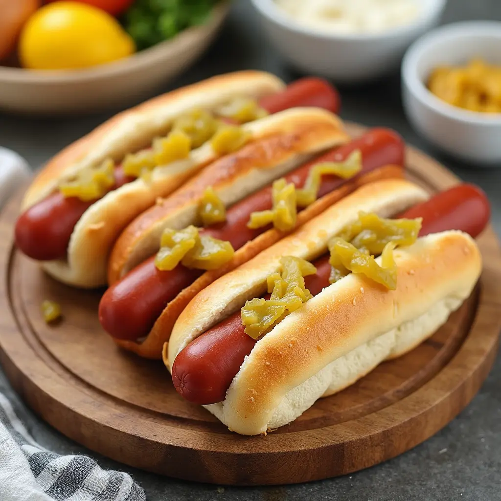 "Golden-brown keto hot dog buns with a soft, fluffy texture, filled with hot dogs and topped with mustard and relish. A delicious low-carb, gluten-free alternative for a healthy meal.